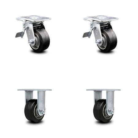 Service Caster 4 Inch Rubber on Aluminum Caster Set with Ball Bearings 2 Brakes 2 Rigid SCC SCC-TTL30S420-RAB-2-R-2